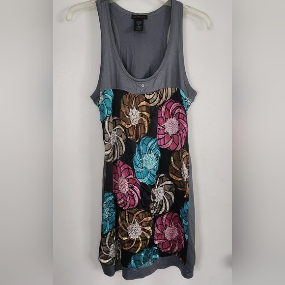 Custo Barcelona Sz 4 S Silk Blend Gray Tank Sequin Floral Bubble Hem Mini Dress - Picture 1 of 7